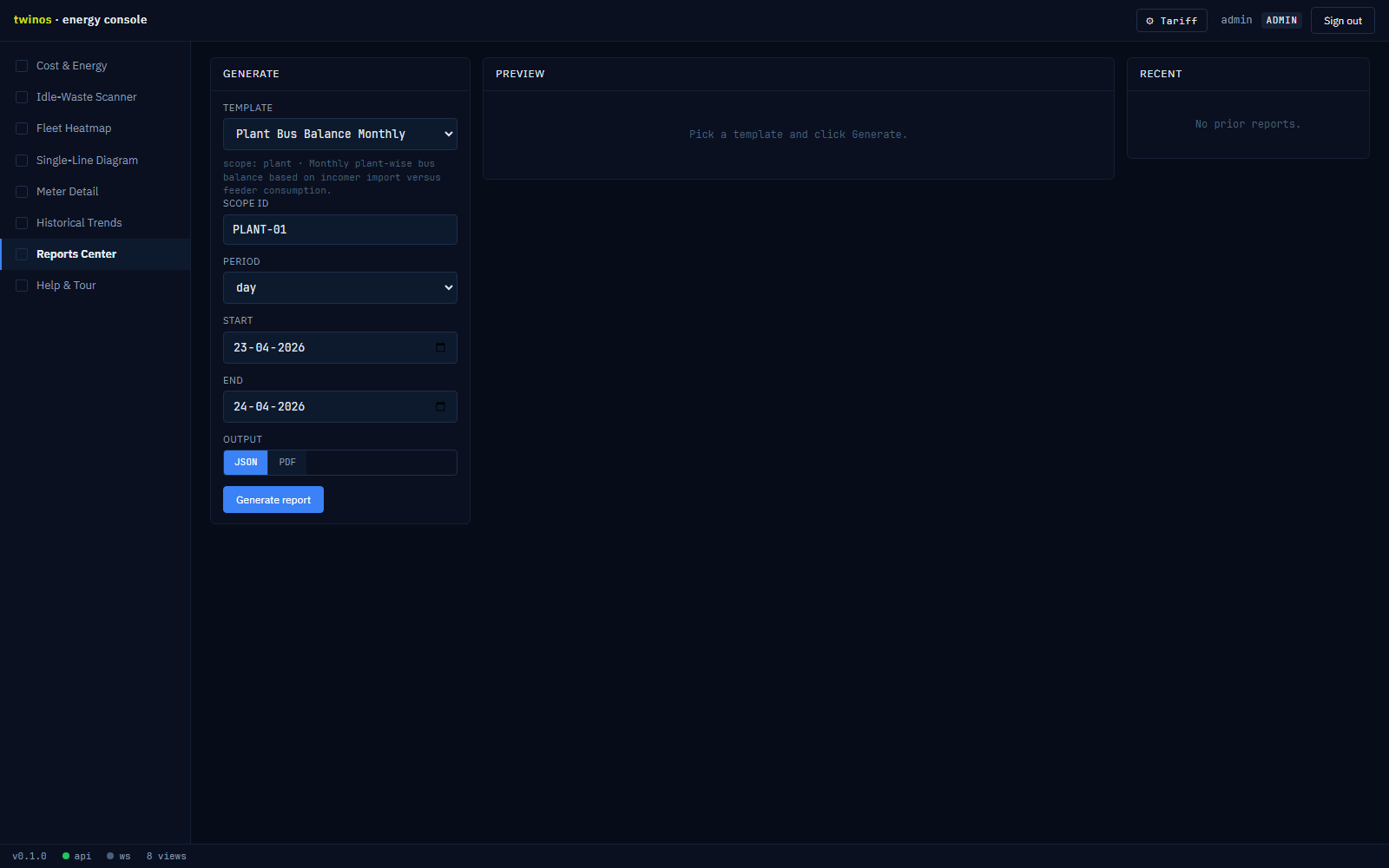 Reports Center with template picker, period selector, output format